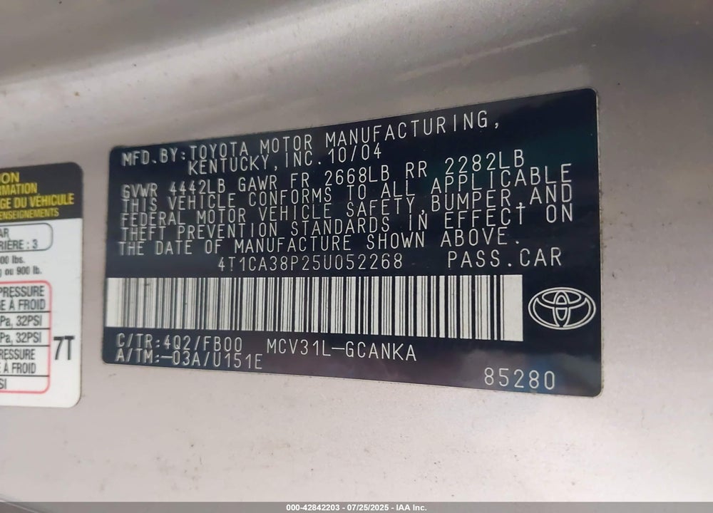 2005 TOYOTA CAMRY SOLARA SE V6 VIN: 4T1CA38P25U052268