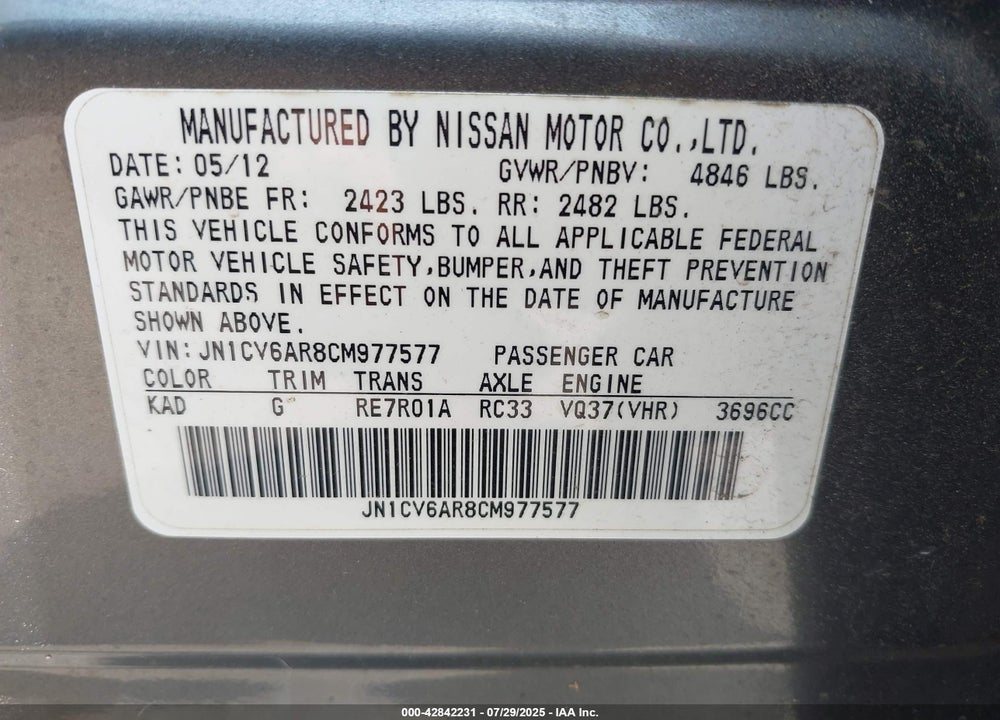 2012 INFINITI G37 VIN: JN1CV6AR8CM977577