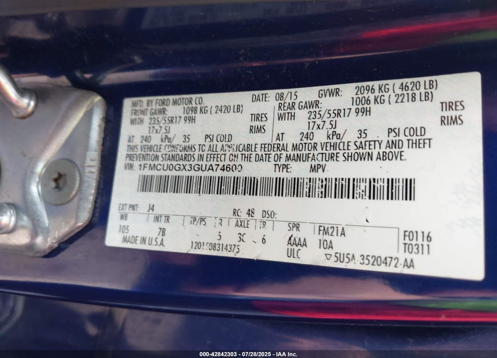 2016 FORD ESCAPE VIN: 1FMCU0GX3GUA74600