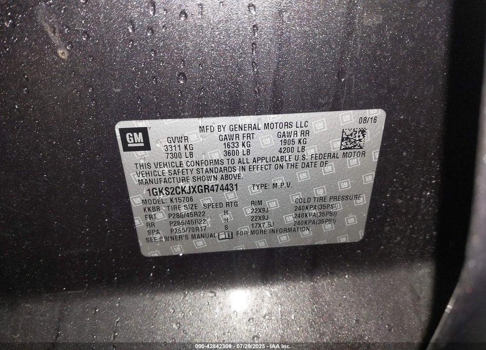 2016 GMC YUKON DENALI VIN: 1GKS2CKJXGR474431
