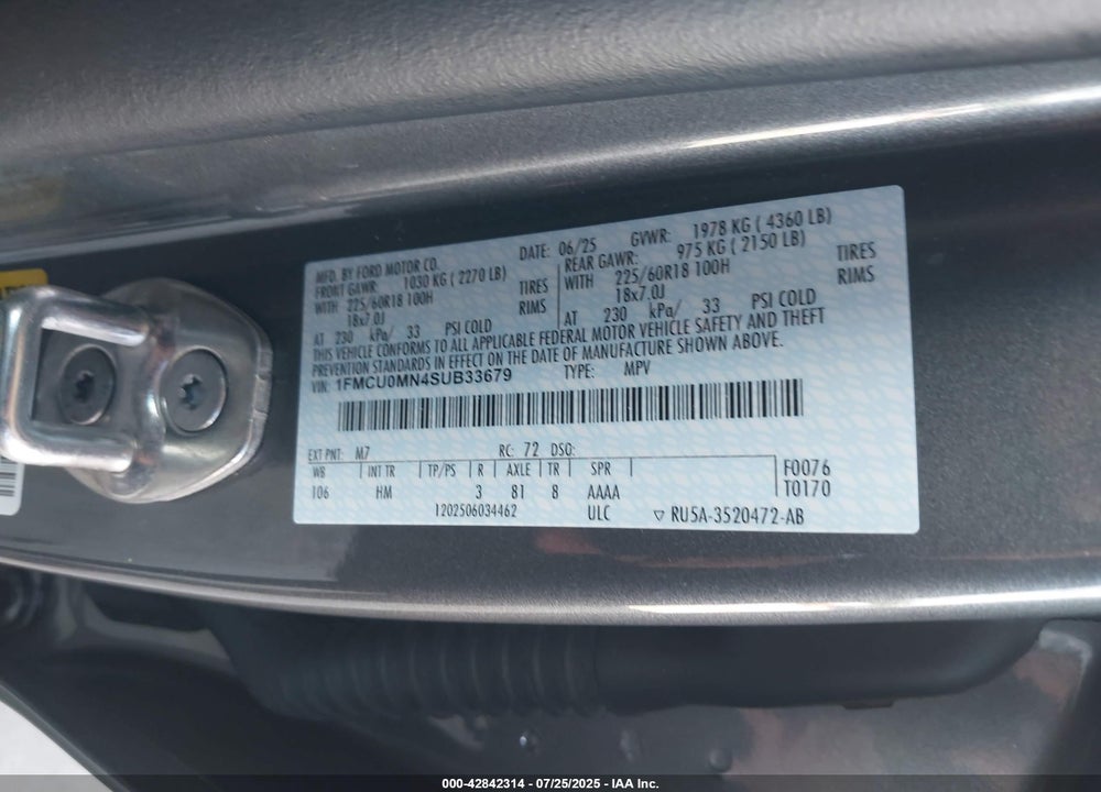 2025 FORD ESCAPE VIN: 1FMCU0MN4SUB33679