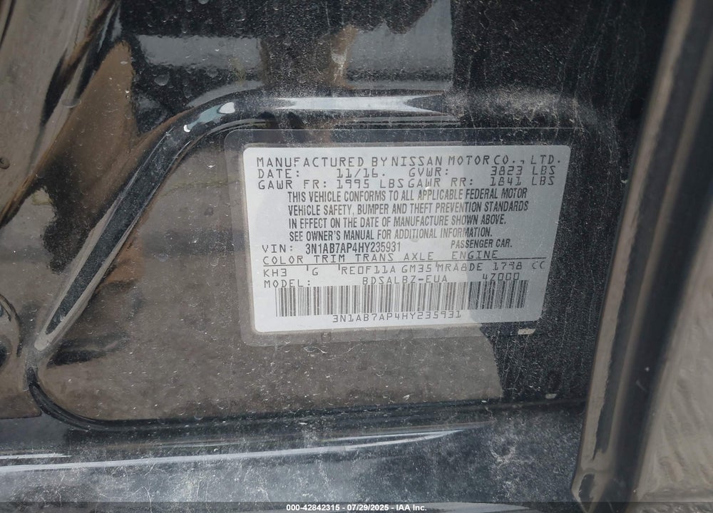 2017 NISSAN SENTRA VIN: 3N1AB7AP4HY235931