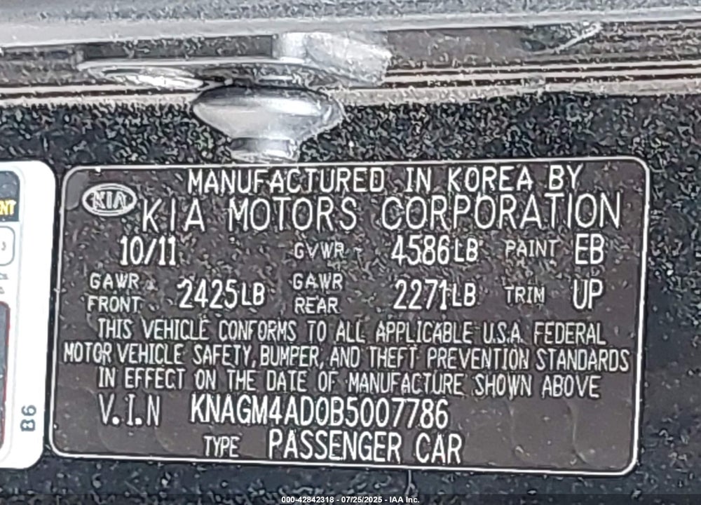2011 KIA OPTIMA HYBRID VIN: KNAGM4AD0B5007786