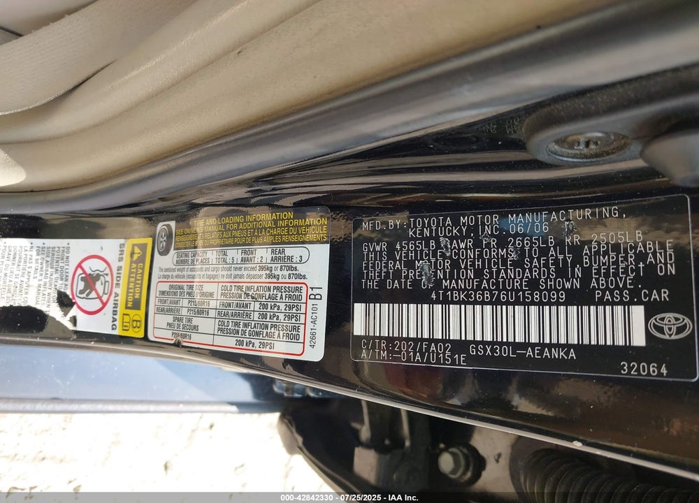 2006 TOYOTA AVALON VIN: 4T1BK36B76U158099