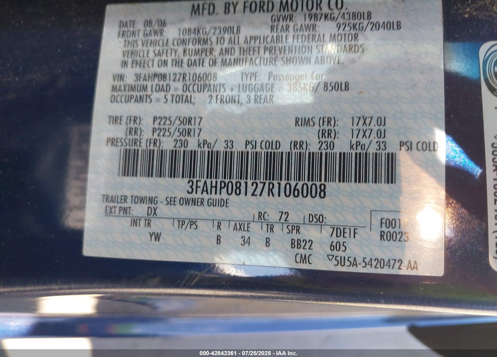 2007 FORD FUSION VIN: 3FAHP08127R106008