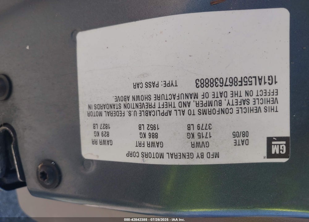 2006 CHEVROLET COBALT VIN: 1G1AL55F867638883