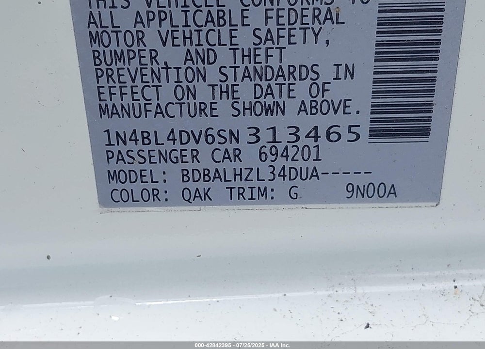 2025 NISSAN ALTIMA VIN: 1N4BL4DV6SN313465