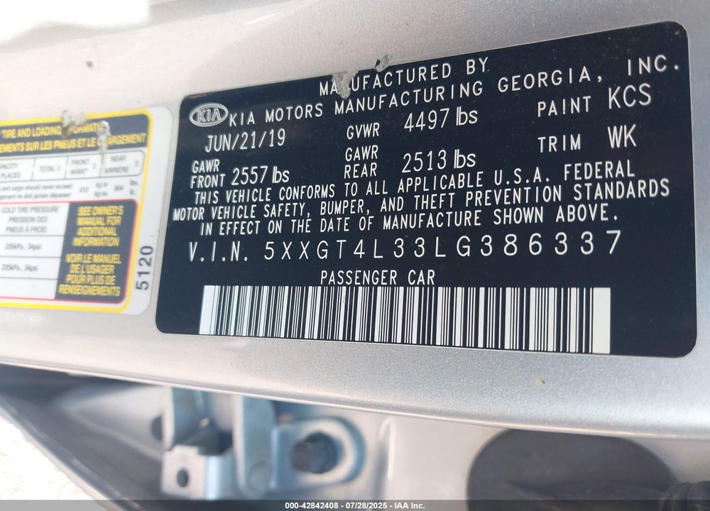 2020 KIA OPTIMA VIN: 5XXGT4L33LG386337