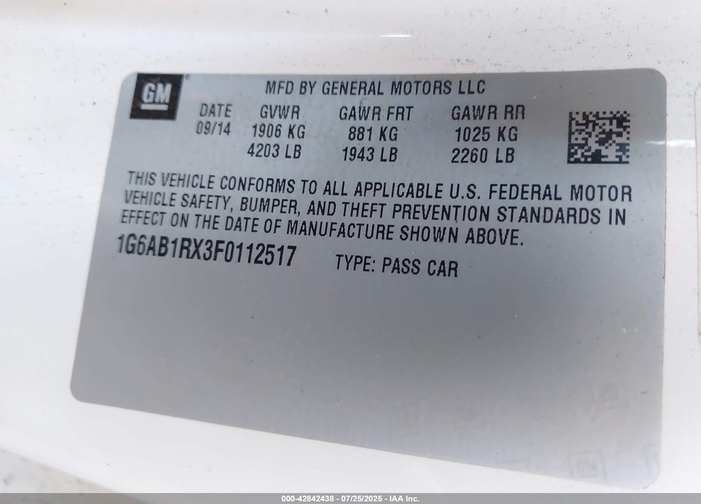 2015 CADILLAC ATS VIN: 1G6AB1RX3F0112517