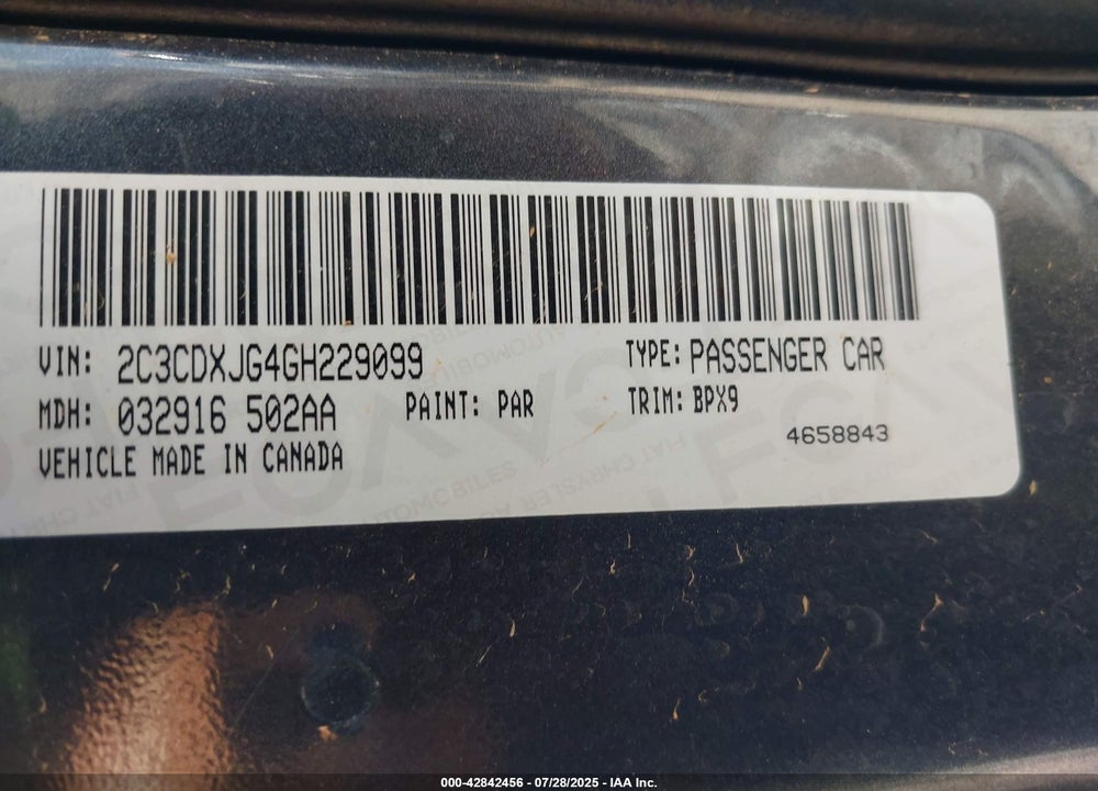 2016 DODGE CHARGER VIN: 2C3CDXJG4GH229099