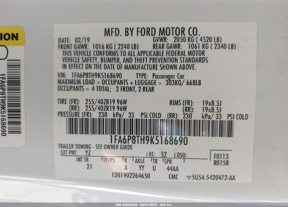2019 FORD MUSTANG VIN: 1FA6P8TH9K5168690