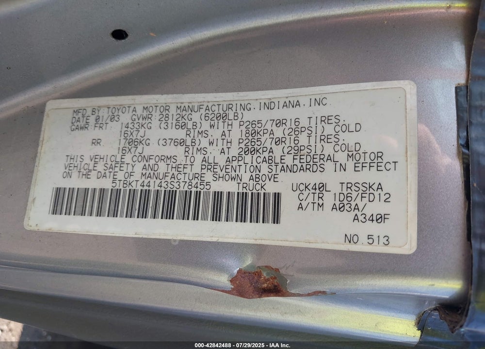 2003 TOYOTA TUNDRA VIN: 5TBKT44143S378455