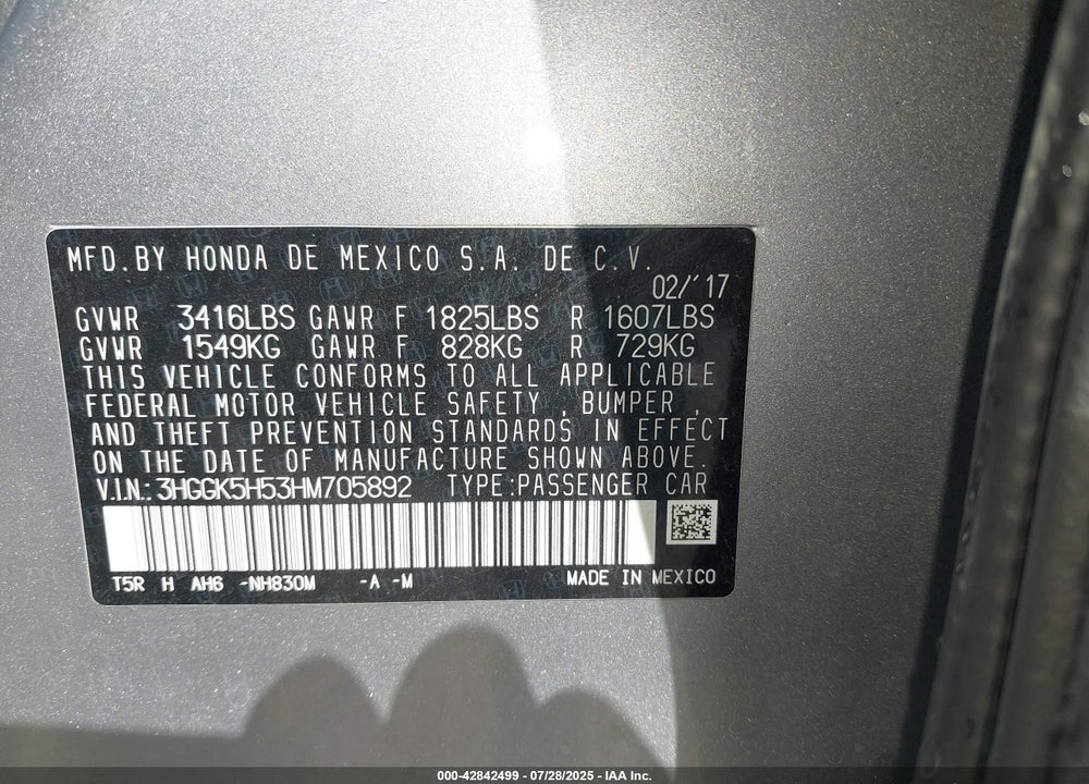 2017 HONDA FIT VIN: 3HGGK5H53HM705892