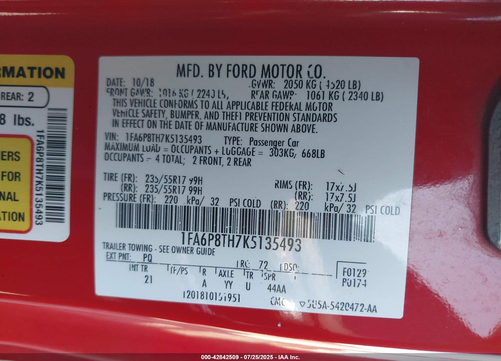 2019 FORD MUSTANG VIN: 1FA6P8TH7K5135493