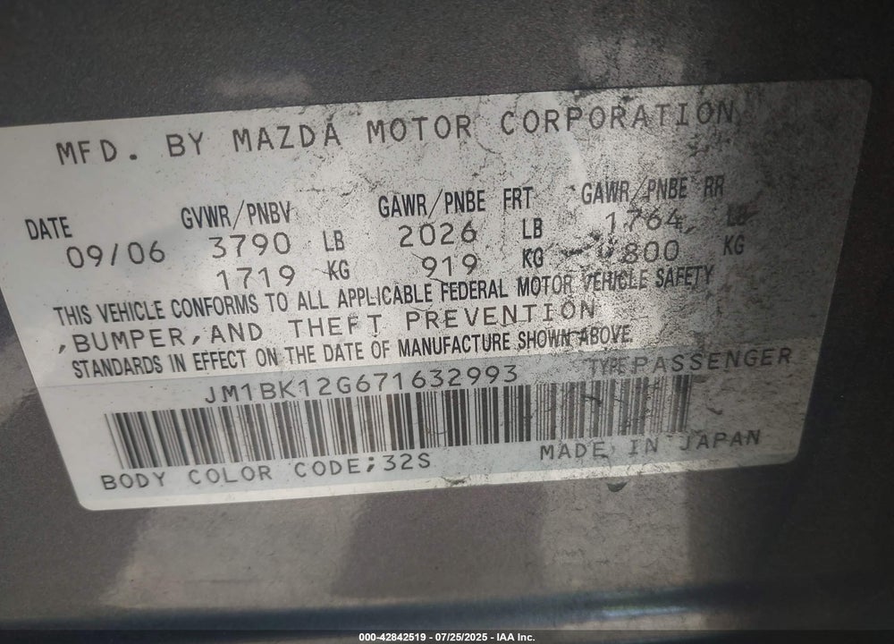 2007 MAZDA 3 VIN: JM1BK12G671632993