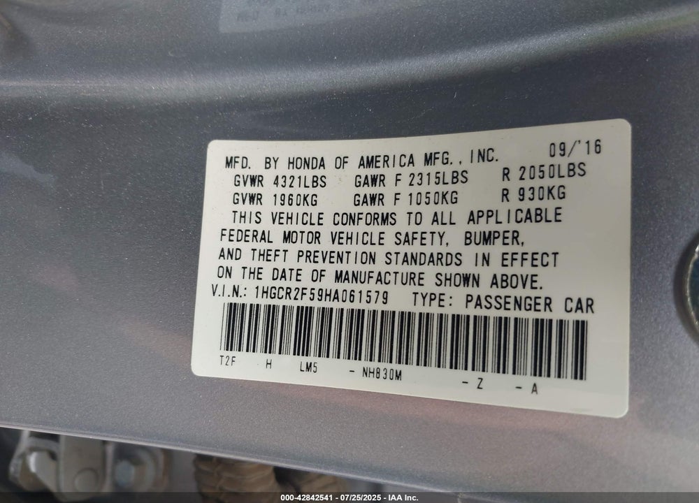 2017 HONDA ACCORD VIN: 1HGCR2F59HA061579