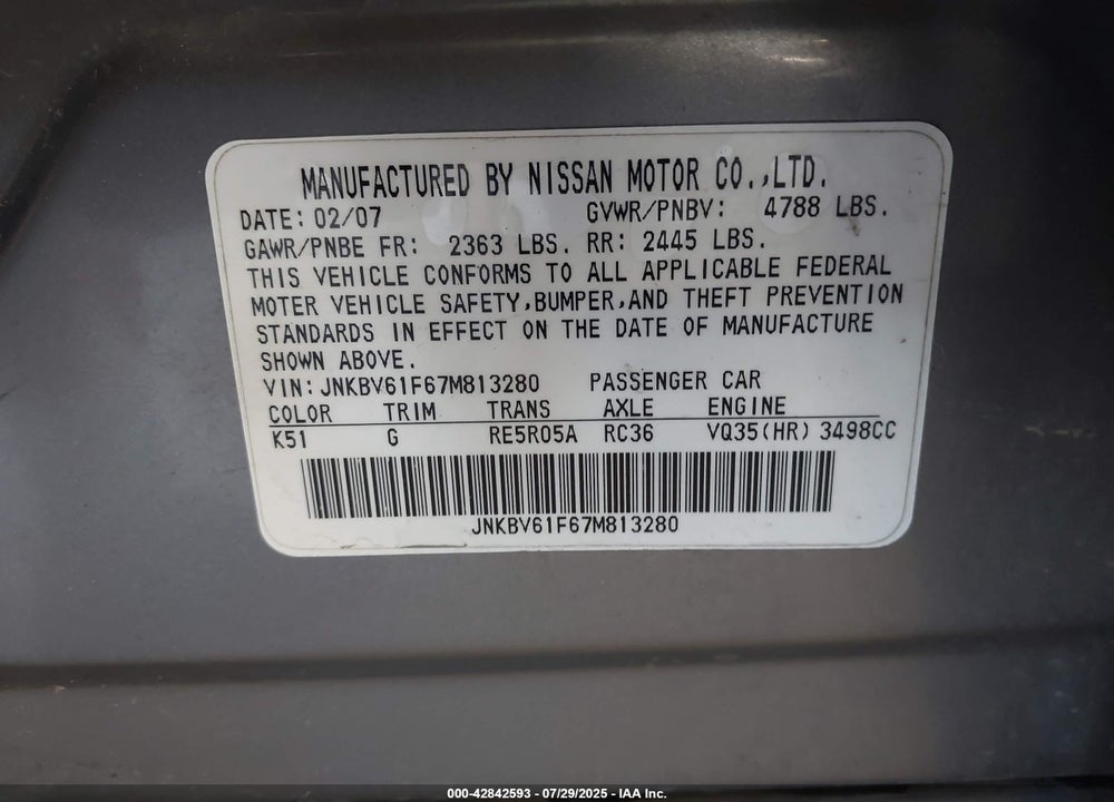 2007 INFINITI G35 VIN: JNKBV61F67M813280