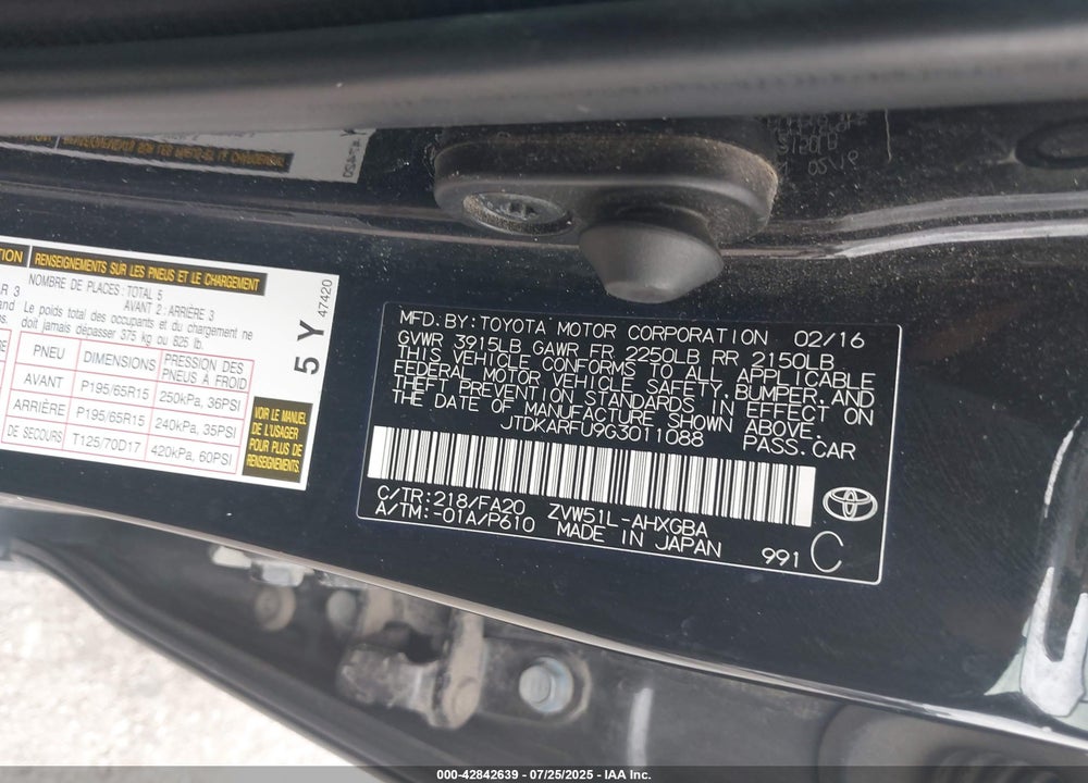 2016 TOYOTA PRIUS VIN: JTDKARFU9G3011088