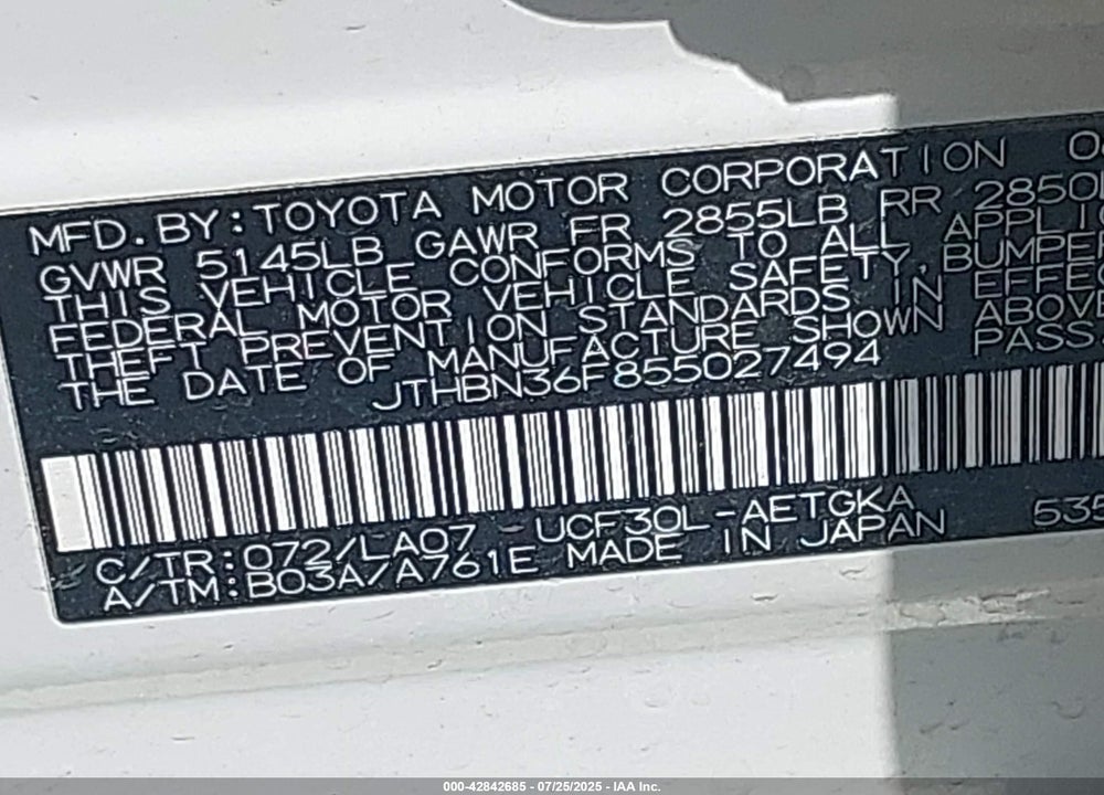 2005 LEXUS LS 430 VIN: JTHBN36F855027494