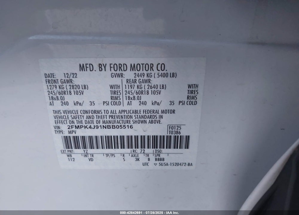 2022 FORD EDGE VIN: 2FMPK4J91NBB05516