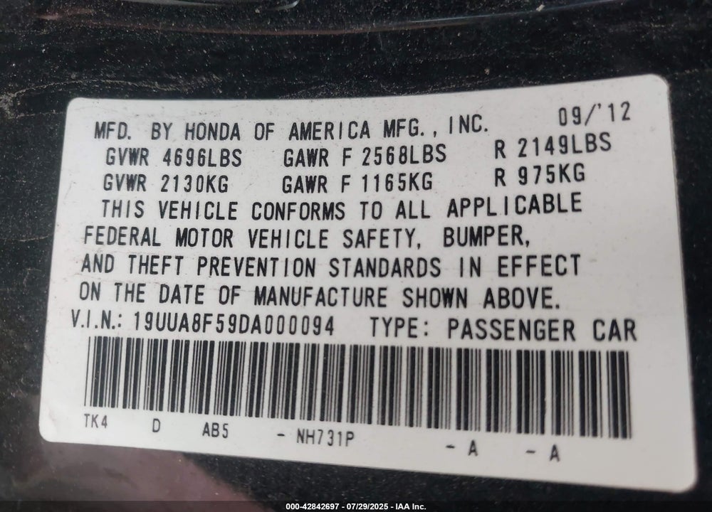 2013 ACURA TL VIN: 19UUA8F59DA000094
