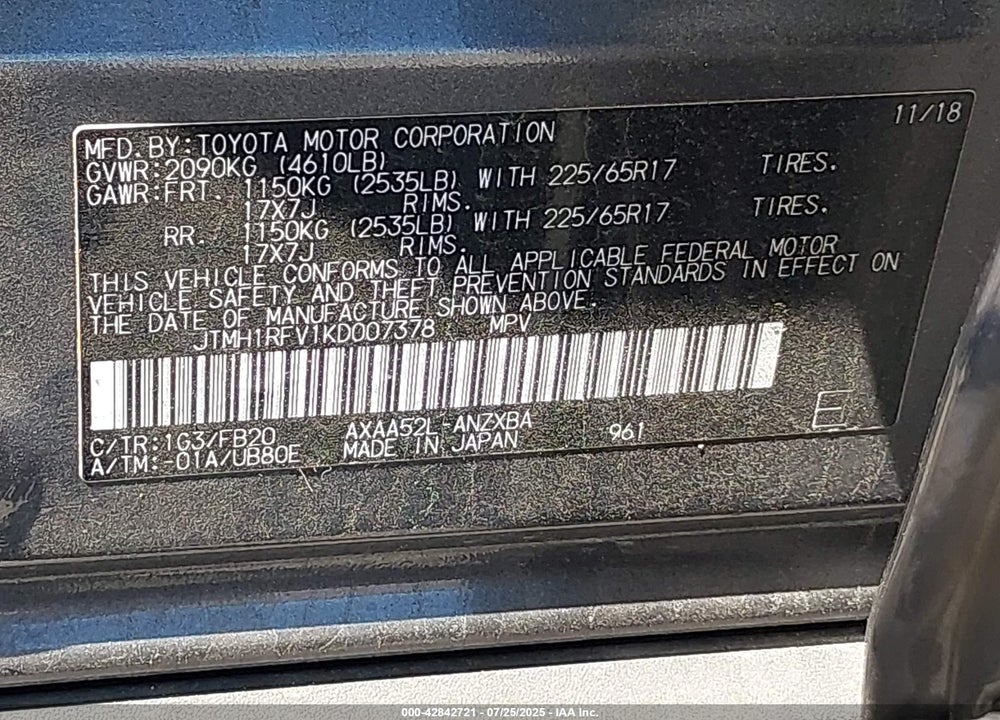 2019 TOYOTA RAV4 LE VIN: JTMH1RFV1KD007378