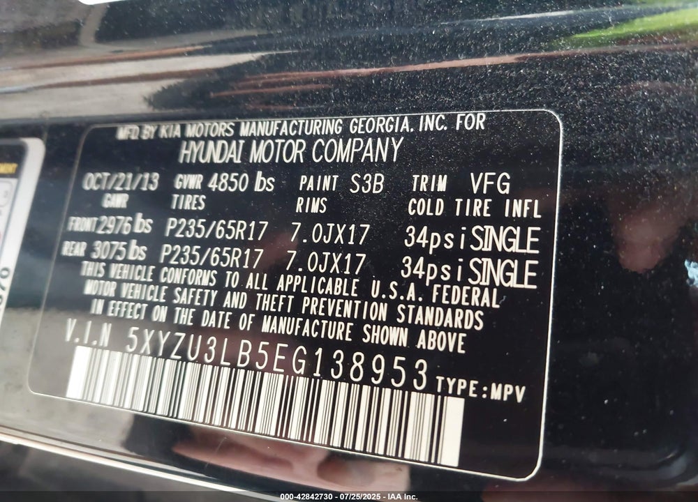 2014 HYUNDAI SANTA FE SPORT VIN: 5XYZU3LB5EG138953