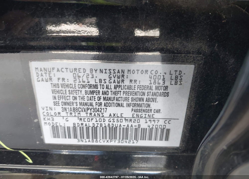 2023 NISSAN SENTRA VIN: 3N1AB8CVXPY304217
