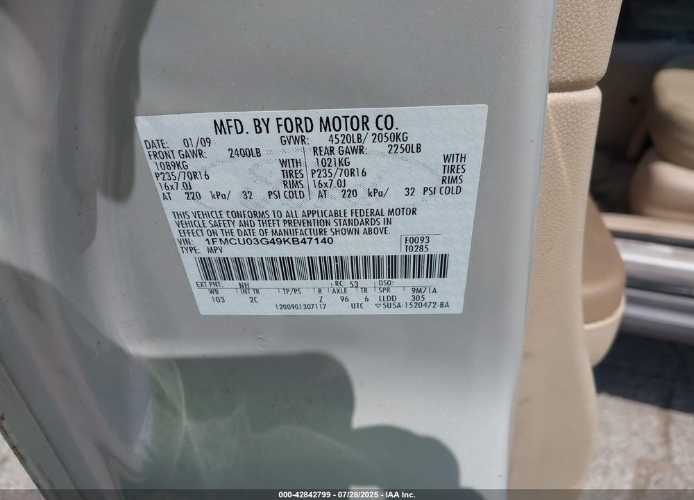 2009 FORD ESCAPE XLT VIN: 1FMCU03G49KB47140