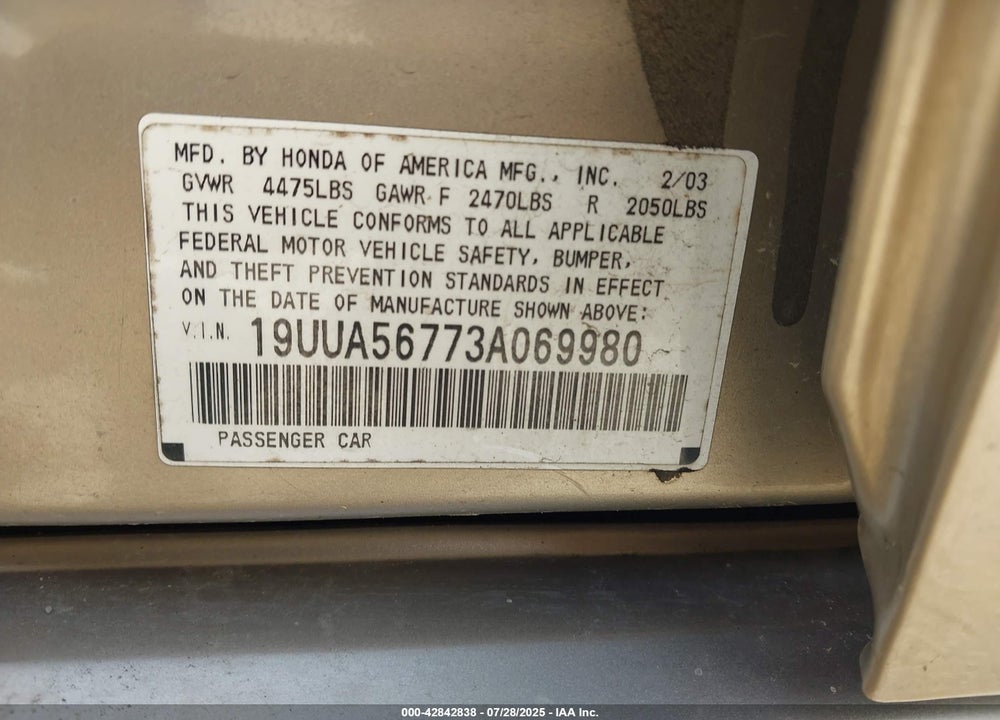 2003 ACURA TL 3.2 VIN: 19UUA56773A069980