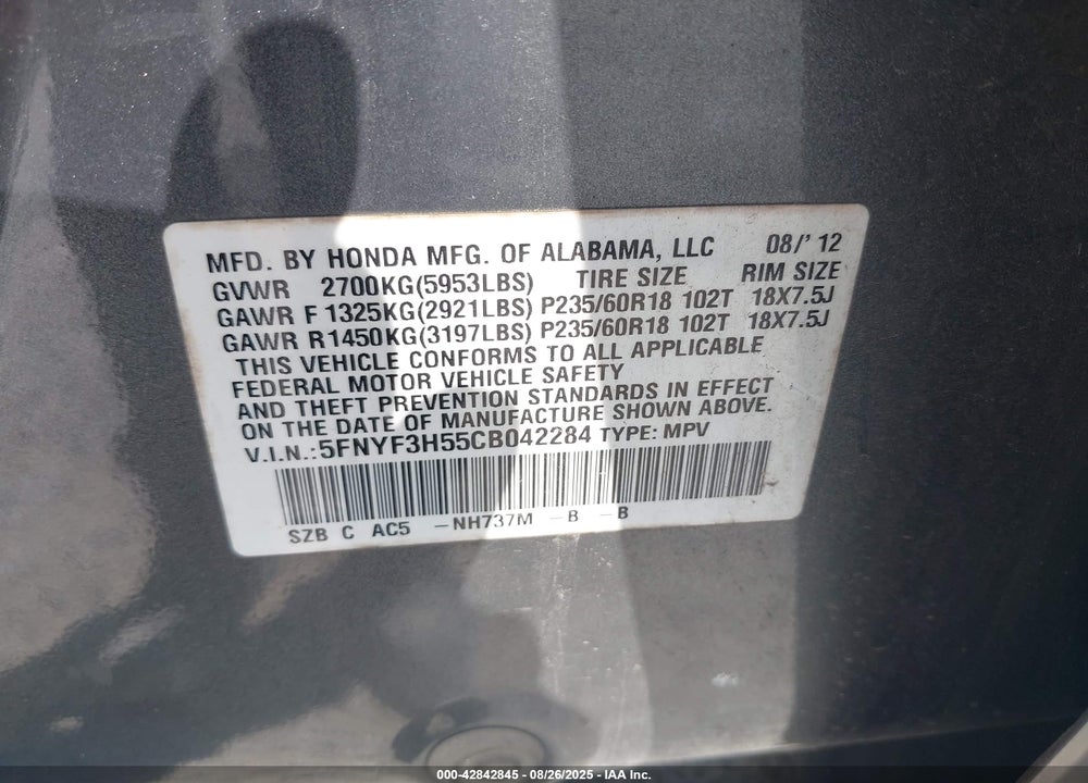 2012 HONDA PILOT VIN: 5FNYF3H55CB042284