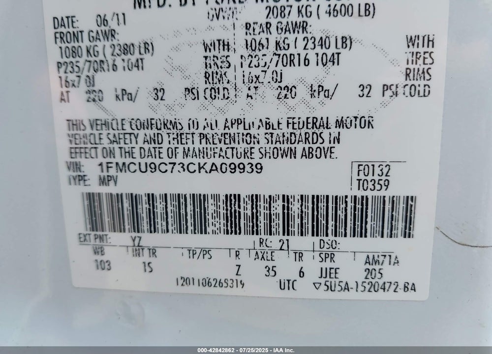 2012 FORD ESCAPE VIN: 1FMCU9C73CKA09939