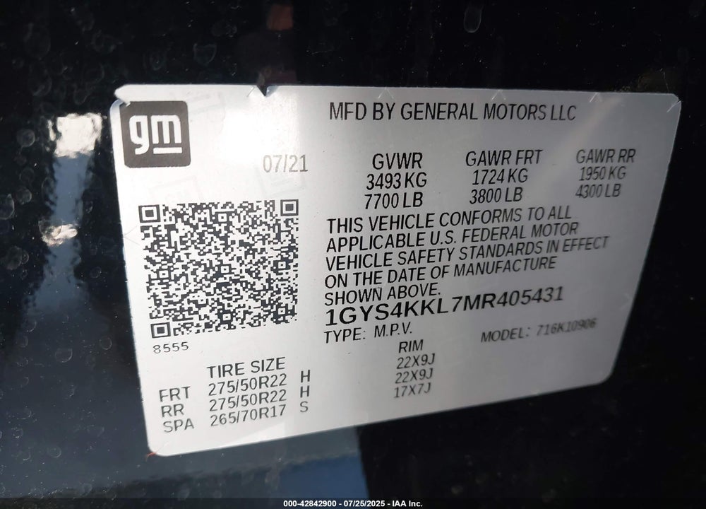 2021 CADILLAC ESCALADE ESV VIN: 1GYS4KKL7MR405431
