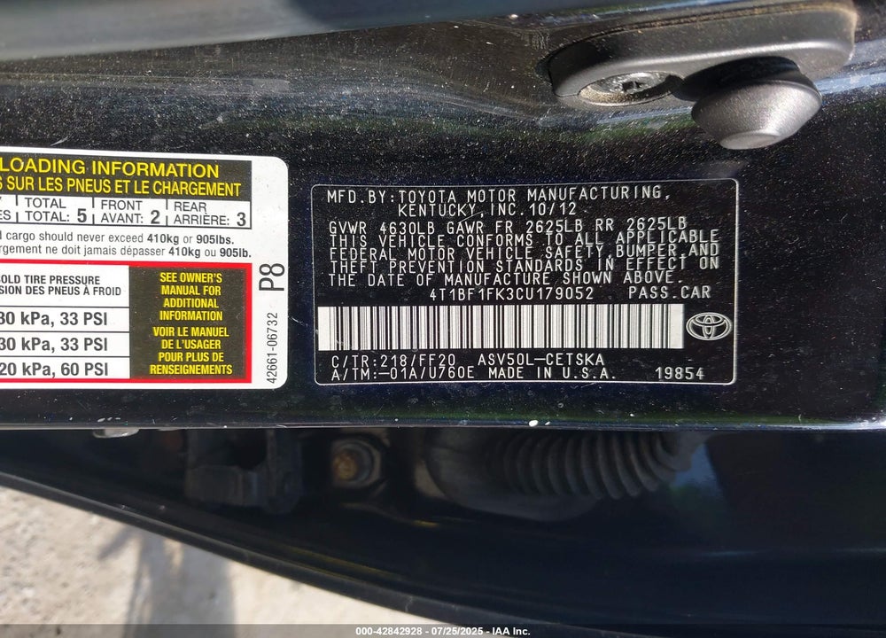 2012 TOYOTA CAMRY VIN: 4T1BF1FK3CU179052