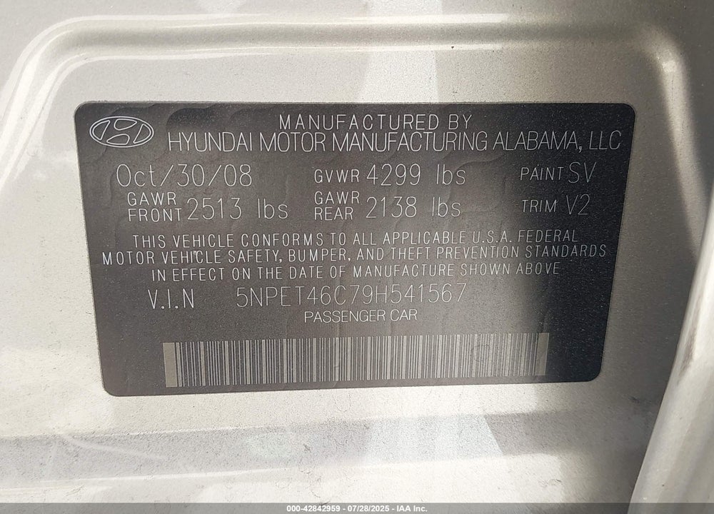 2009 HYUNDAI SONATA VIN: 5NPET46C79H541567