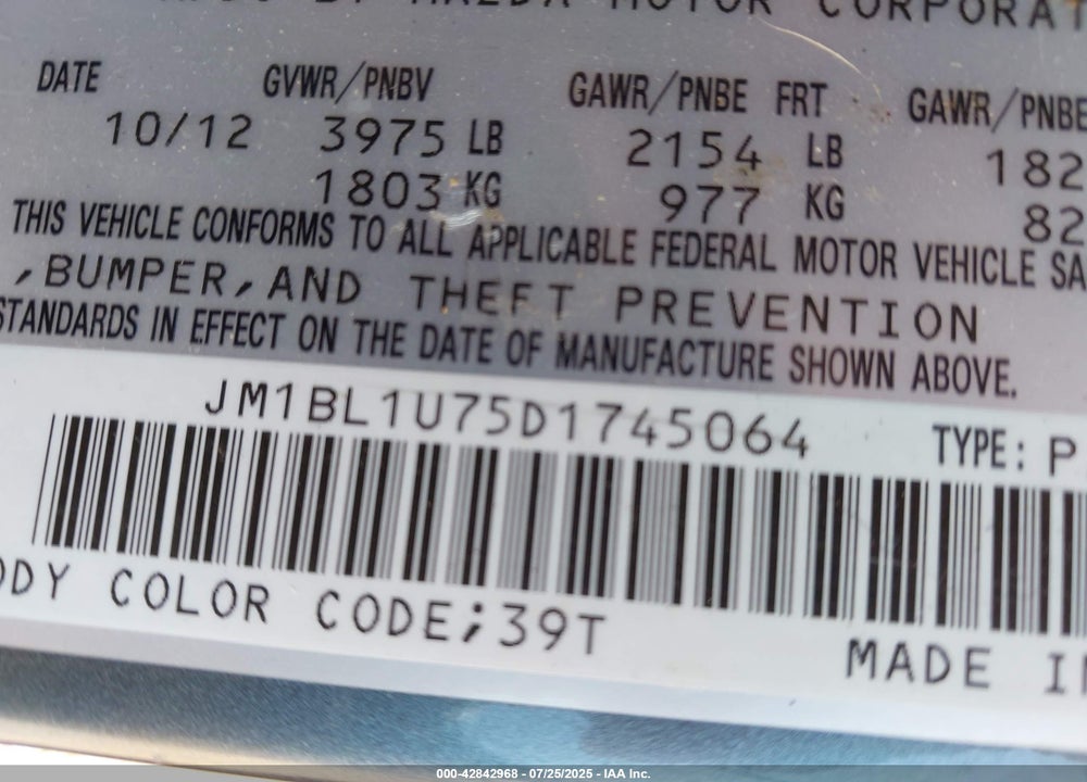 2013 MAZDA 3 VIN: JM1BL1U75D1745064