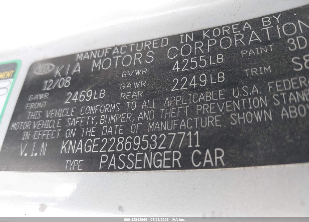2009 KIA OPTIMA VIN: KNAGE228695327711
