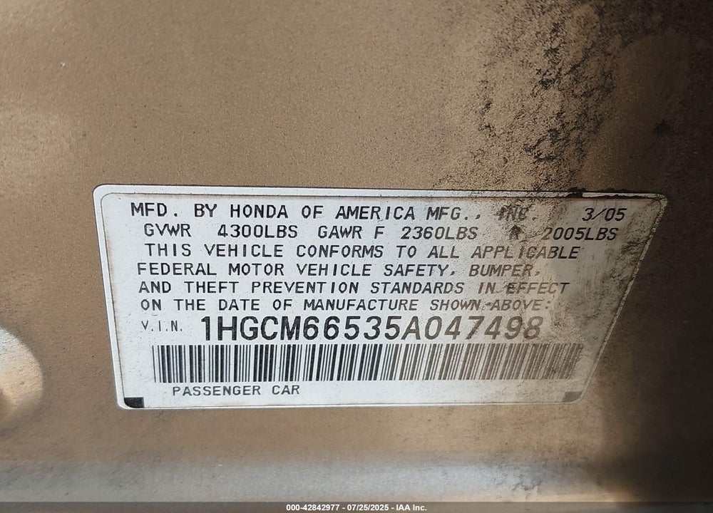 2005 HONDA ACCORD 3.0 EX VIN: 1HGCM66535A047498