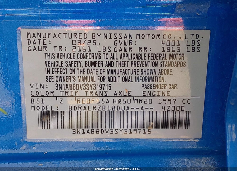 2025 NISSAN SENTRA VIN: 3N1AB8DV3SY319715