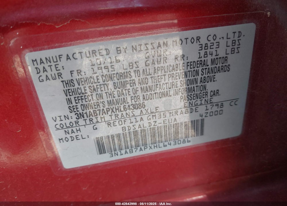 2017 NISSAN SENTRA VIN: 3N1AB7APXHL643086