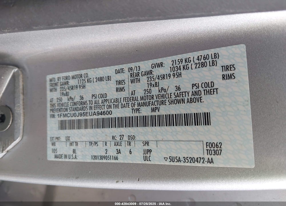 2014 FORD ESCAPE VIN: 1FMCU0J95EUA94600