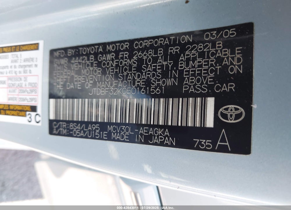 2005 TOYOTA CAMRY LE V6/XLE V6 VIN: JTDBF32K050161561
