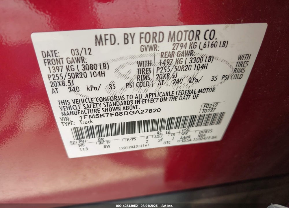 2013 FORD EXPLORER LIMITED VIN: 1FM5K7F88DGA27820