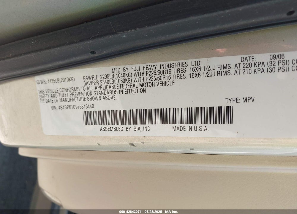 2007 SUBARU OUTBACK VIN: 4S4BP61C976313440