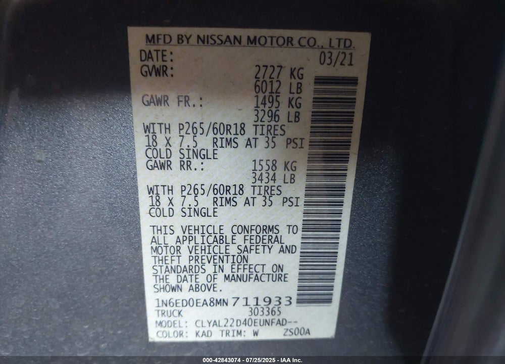 2021 NISSAN FRONTIER VIN: 1N6ED0EA8MN711933