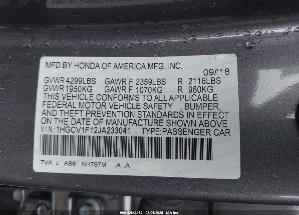 2018 HONDA ACCORD LX VIN: 1HGCV1F12JA233041
