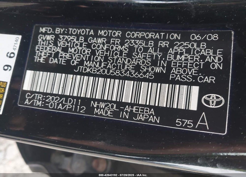 2008 TOYOTA PRIUS VIN: JTDKB20U583436645