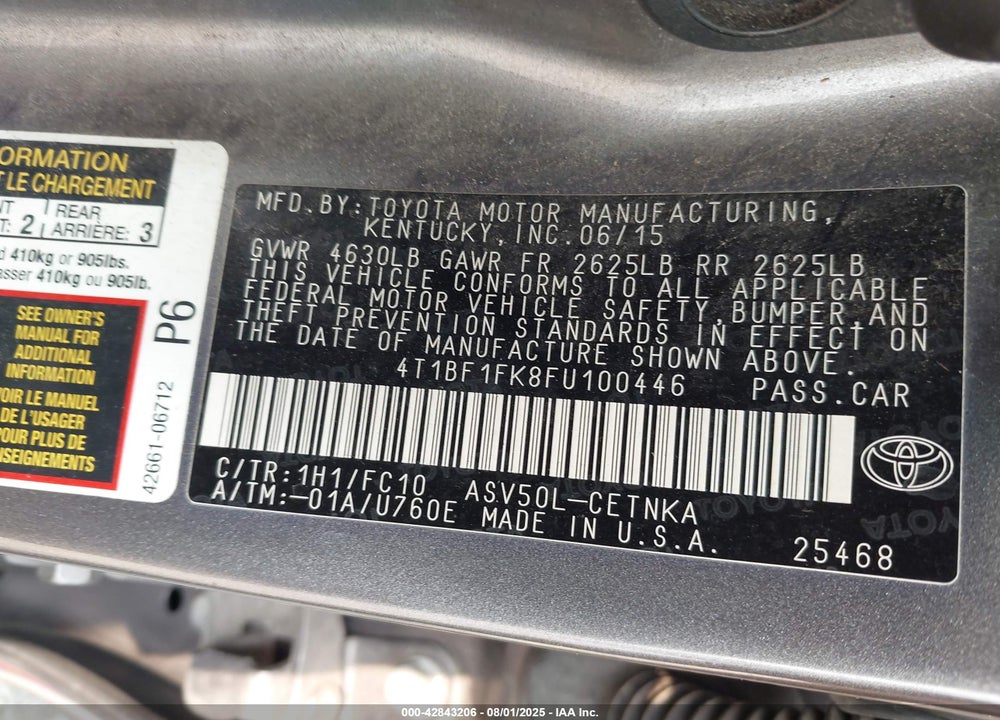 2015 TOYOTA CAMRY VIN: 4T1BF1FK8FU100446