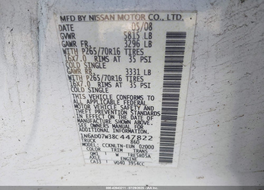 2008 NISSAN FRONTIER VIN: 1N6AD07W38C447822