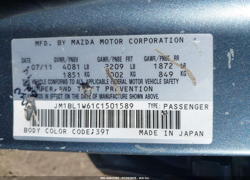 2012 MAZDA 3 VIN: JM1BL1W61C1501589